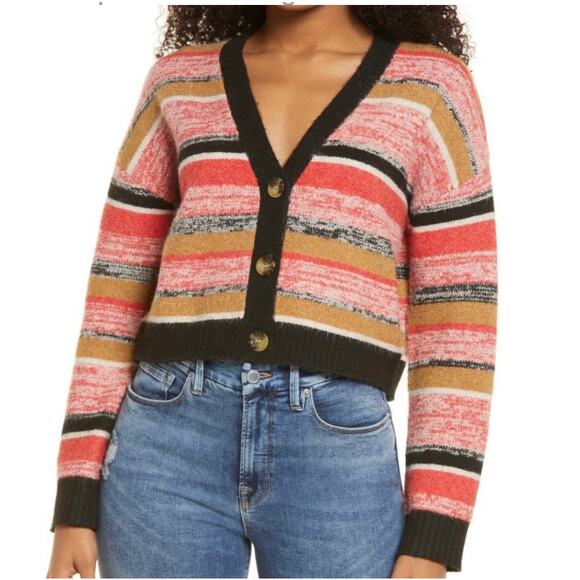 BP | NEW Women's Black Coral Camel Stripped Cropped Cardigan Sz XS - Picture 1 of 4
